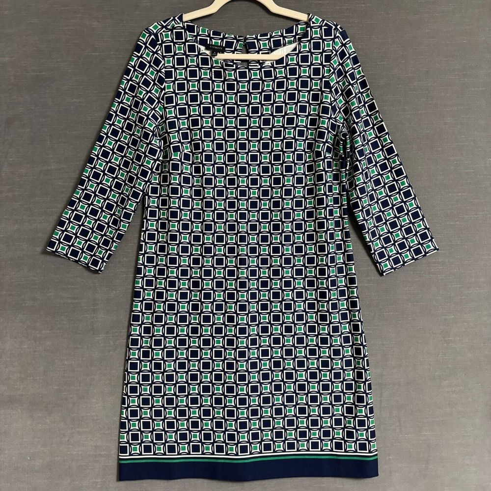 Talbots Dress 6 Blue Green Geometric‎ Shift Stretch Career Office Preppy Casual